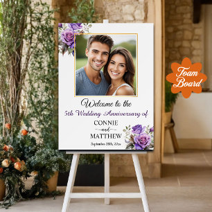 5th Wedding Anniversary Gold Frame Purple Roses Foam Board