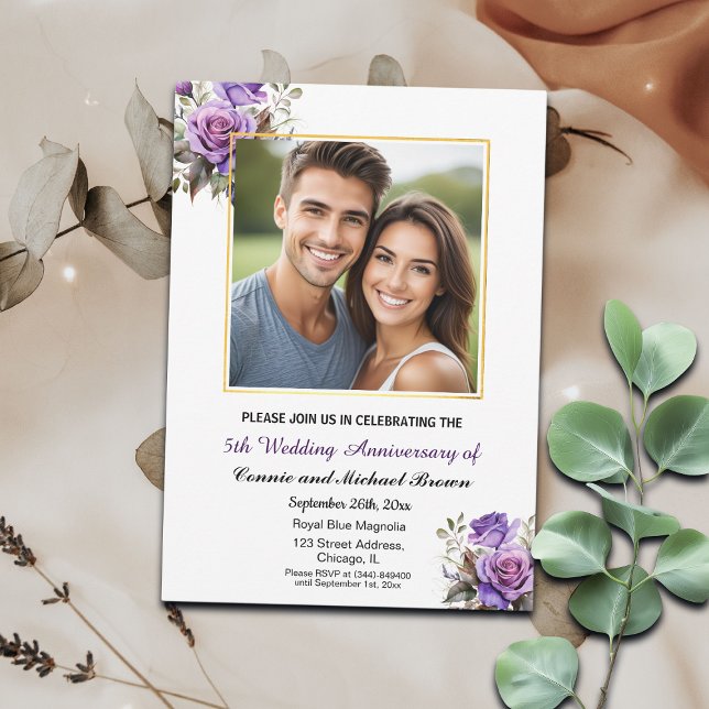 5th Wedding Anniversary Gold Frame Purple Roses Invitation (Creator Uploaded)