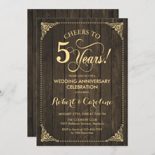 5th Wedding Anniversary _ Gold Wood Invitation