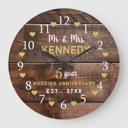 5th Wedding Anniversary  Mr And Mrs Rustic Wood  Large Clock