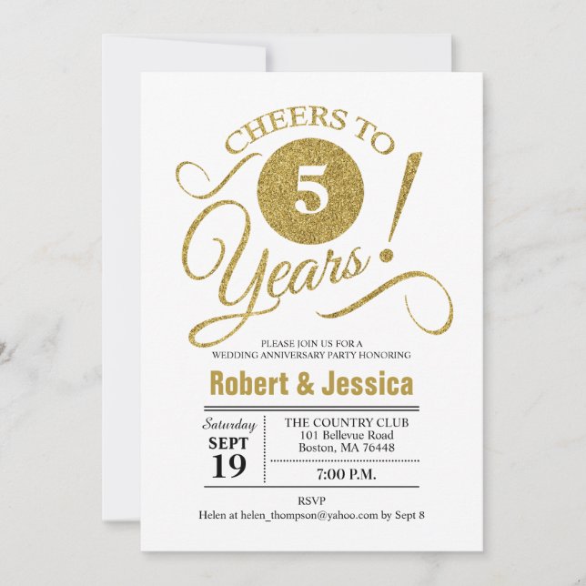 5th Wedding Anniversary Party - Gold White Invitation (Front)