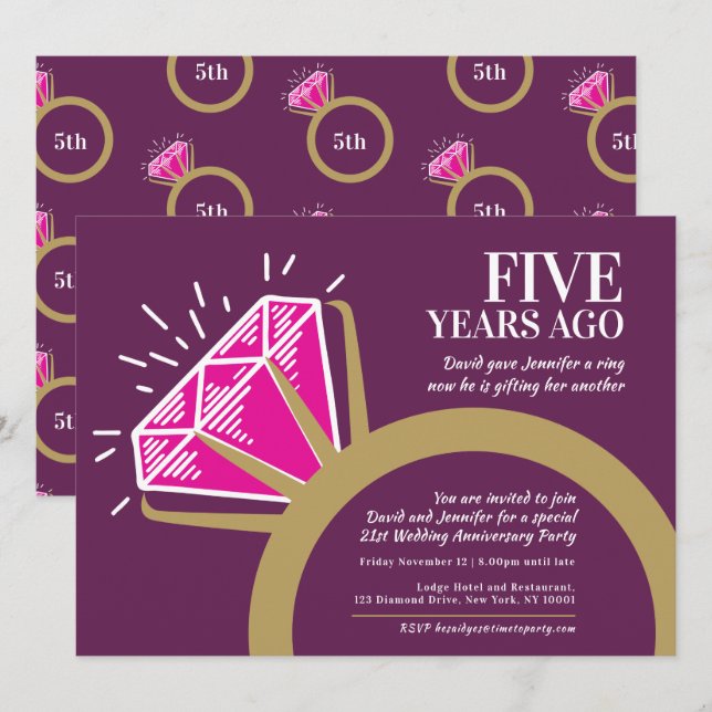 5th wedding anniversary party pink tourmaline ring invitation (Front/Back)