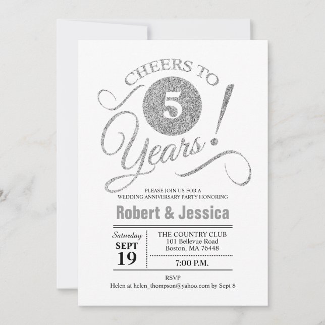 5th Wedding Anniversary Party - Silver White Invitation (Front)