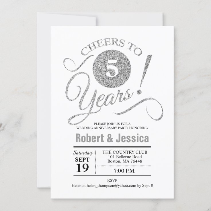 5th Wedding Anniversary Party - Silver White Invitation | Zazzle