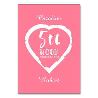 5th Wedding Anniversary Pink Heart Table Number