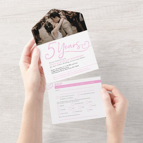 5th Wedding Anniversary pink meal RSVP photo All In One Invitation