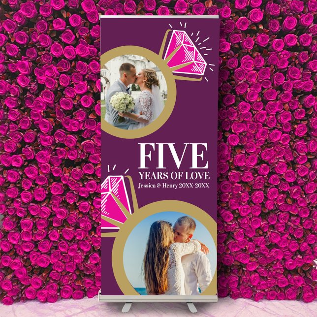 5th Wedding Anniversary pink ring photos pull up Retractable Banner (Creator Uploaded)