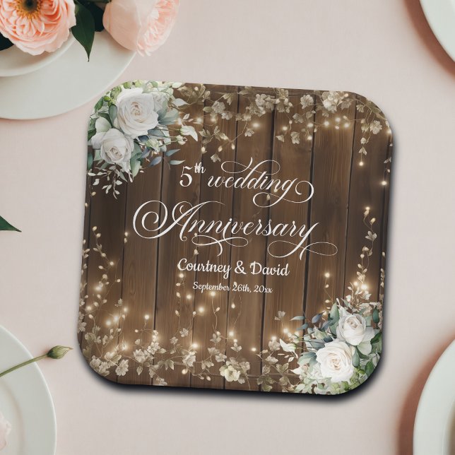 5th Wedding Anniversary Rustic String Lights  Paper Plates (Creator Uploaded)