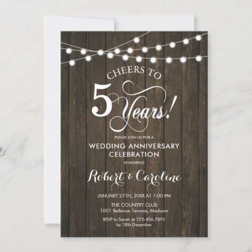 5th Wedding Anniversary _ Rustic Wood Invitation