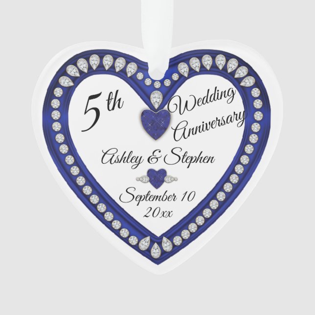 5th Wedding Anniversary Sapphire Diamond Keepsake Ornament (Front)
