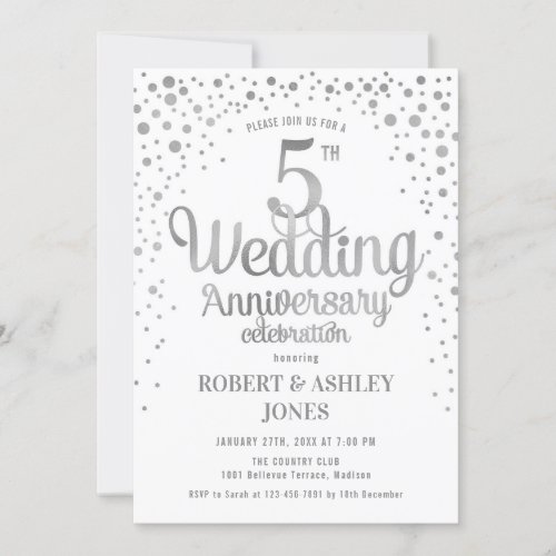 5th Wedding Anniversary _ Silver  White Invitation