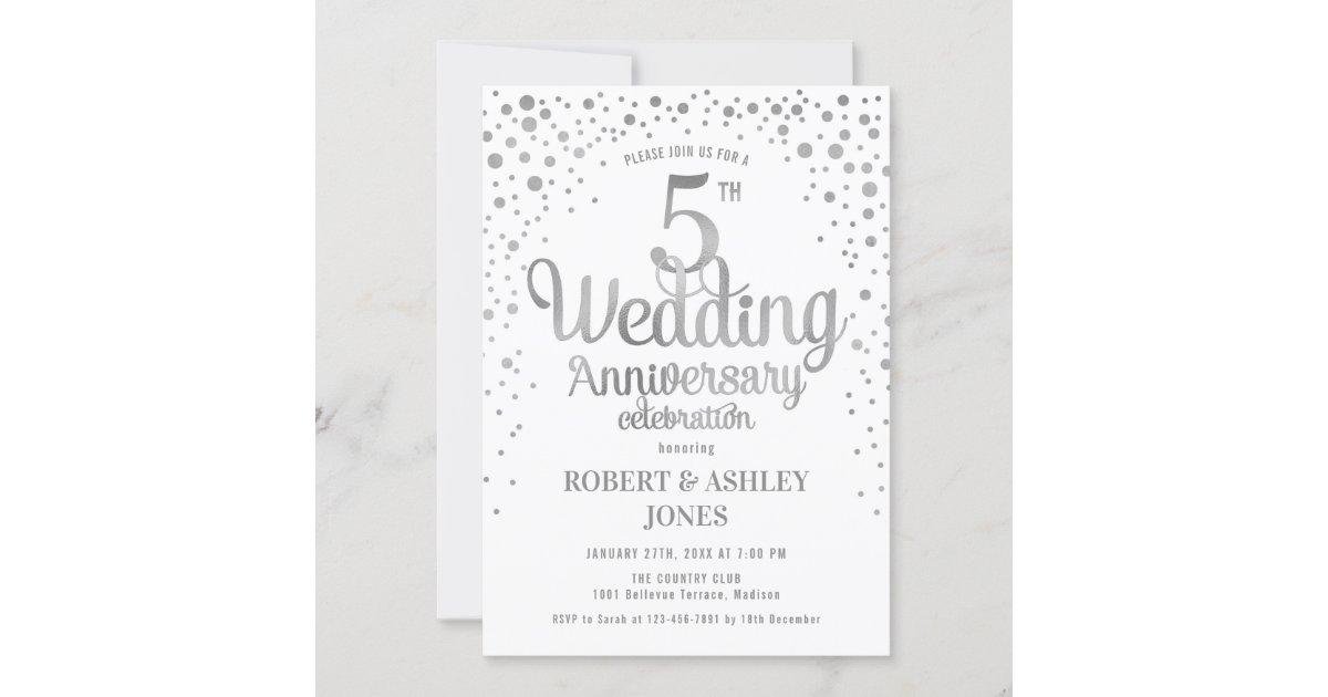 5th Wedding Anniversary - Silver & White Invitation | Zazzle