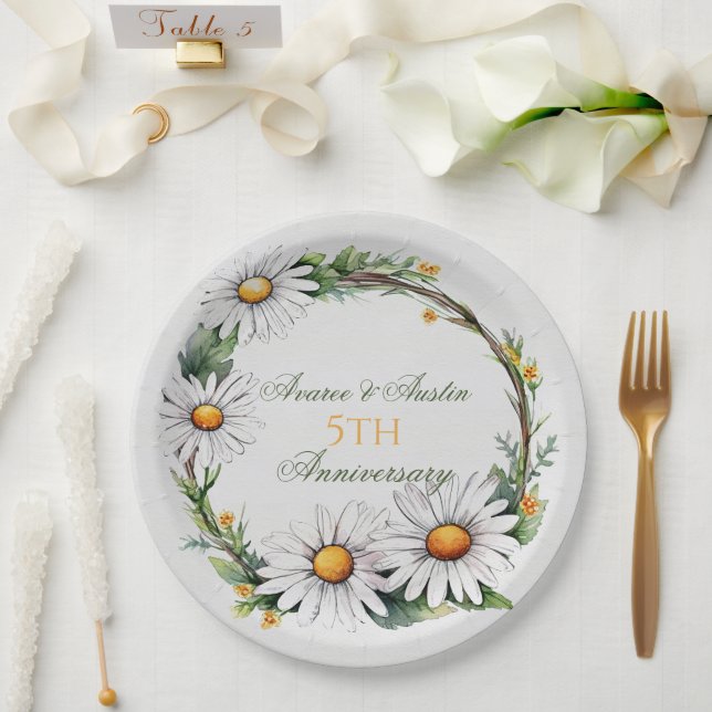 5th Wedding Anniversary White Daisies  Paper Plates (Wedding)