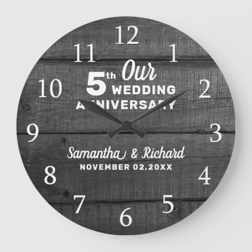 5th Wedding Anniversary Wood Black And White   Large Clock