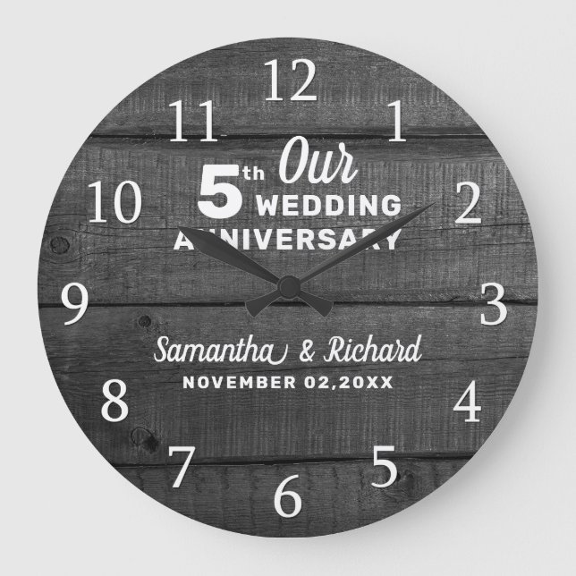 5th Wedding Anniversary Wood Black And White   Large Clock (Front)