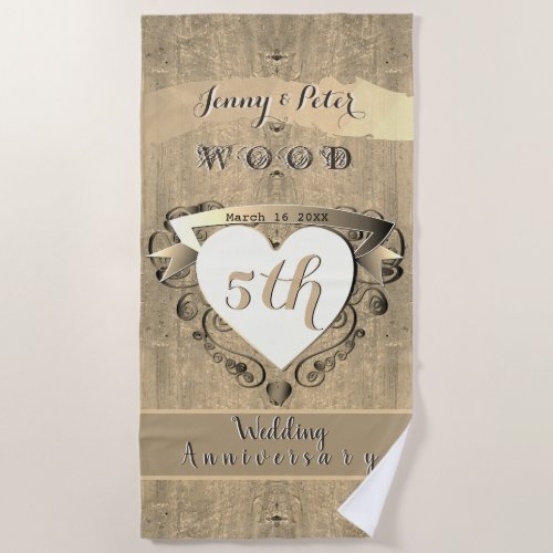 5th Wedding Anniversary Wood Image Beach Towel