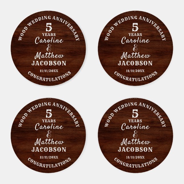 5th  WEDDING ANNIVERSARY Wood Wedding Editable Coaster Set (Set)