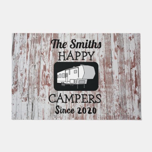 5th Wheel Camp Doormat with Barnwood Background