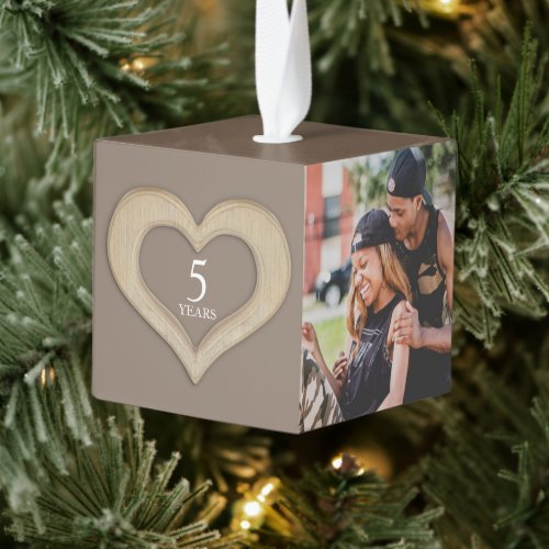 5th wood anniversary heart now and then photo cube ornament