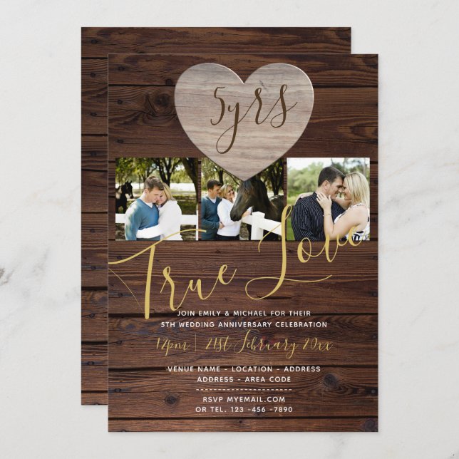 5th WOOD Anniversary PHOTO Rustic Invite (Front/Back)