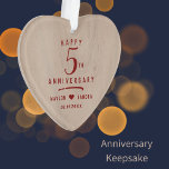 5th Wood Gift Wedding Anniversary Ornament<br><div class="desc">Celebrate your 5th wood wedding anniversary with a commemorative ornament. Bleached Oak faux wood grain background with red lettering. Customize it and personalize. Use different color or font for lettering style if you wish, change any of the features in the design tool, or just personalize with couple's names and wedding...</div>