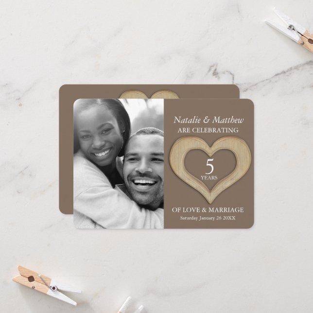 5th wood wedding Anniversary brown custom photo  Invitation (Front/Back In Situ)