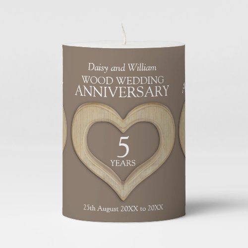 5th wood wedding anniversary custom name brown pillar candle