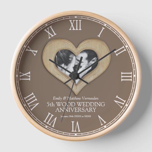 5th Wood wedding anniversary custom photo heart Clock