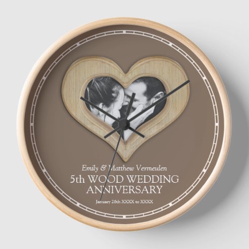 5th Wood wedding anniversary custom photo heart Clock