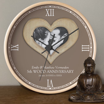 5th Wood Wedding Anniversary Custom Photo Heart Clock by Mylittleeden at Zazzle