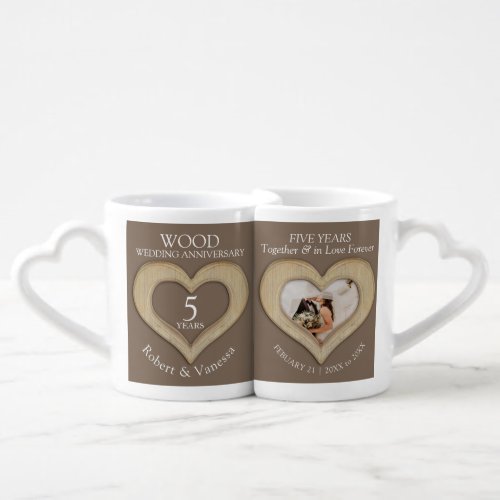 5th wood wedding anniversary custom photos coffee mug set