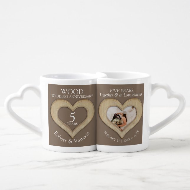 5th wood wedding anniversary custom photos coffee mug set (Front Nesting)