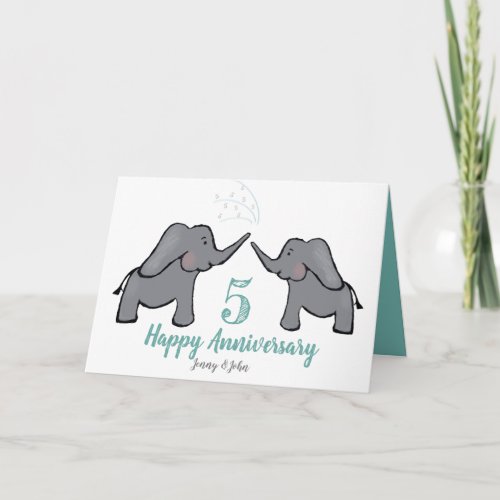 5th wood wedding anniversary cute elephant card