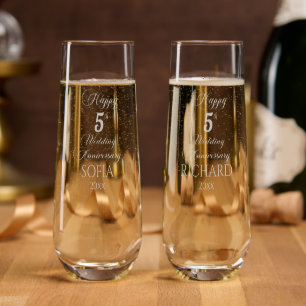 5th Wood Wedding Anniversary Elegant Script Stemless Champagne Flute