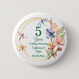 5th Wood Wedding Anniversary Gold Frame Floral Button