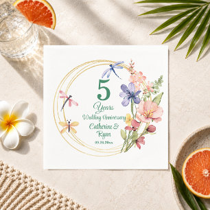 5th Wood Wedding Anniversary Gold Frame Floral Napkins