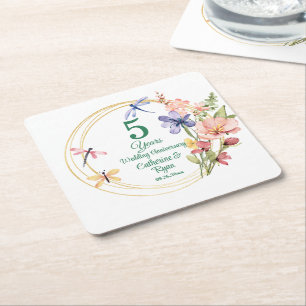5th Wood Wedding Anniversary Gold Frame Floral Square Paper Coaster