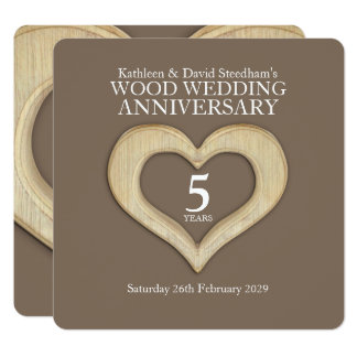 5th wood wedding anniversary heart party invites