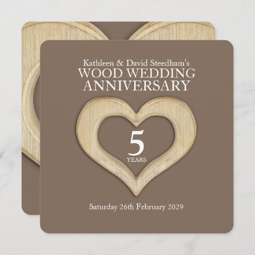 5th wood wedding anniversary heart party invites