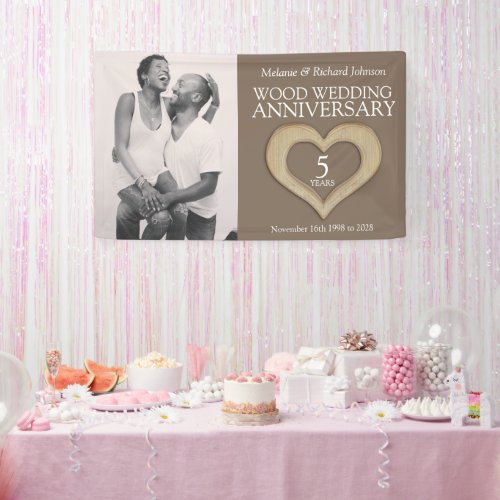 5th wood wedding anniversary heart photo banner