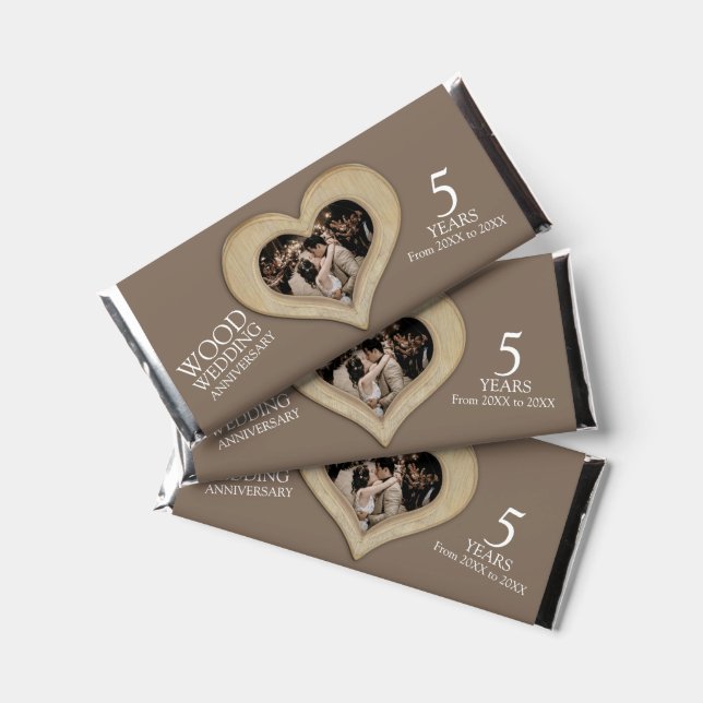 5th wood wedding anniversary photo heart hershey bar favors (Front)