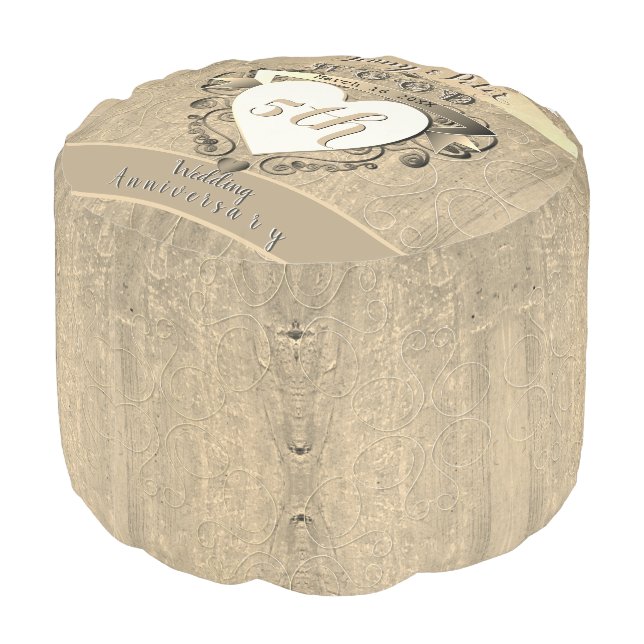5th Wood Wedding Anniversary Round Pouf (Angled Back)