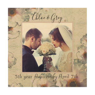 5th Year Anniversary Antique Wood Grain Floral Wall Art
