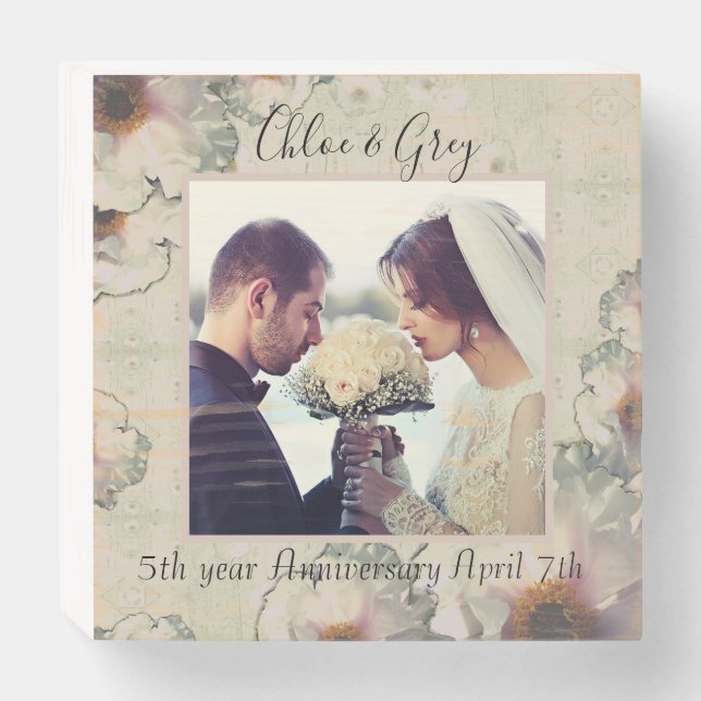 5th yr Wedding Anniversary Antique Wood Wooden Box Sign (Front Horizontal)