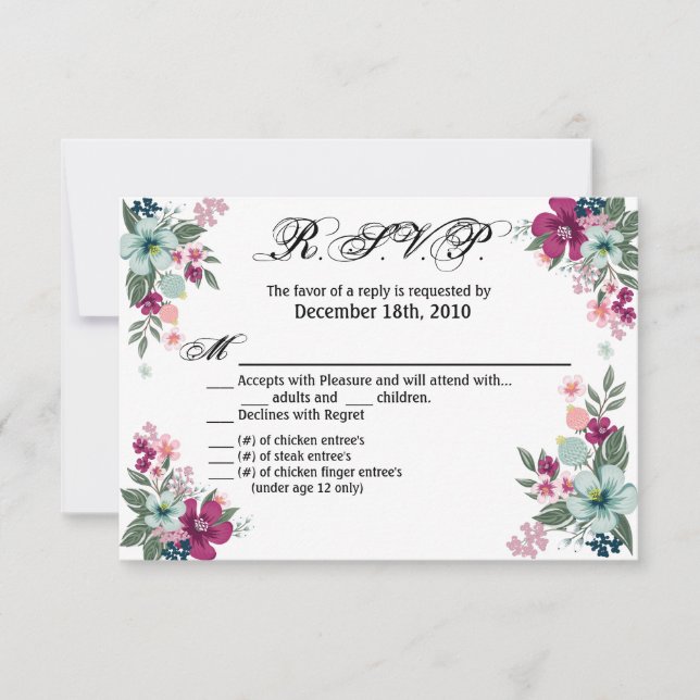 5x3.5 R.S.V.P. Card Tropical Flowers on White (Front)
