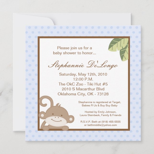 5x5 Boy Blue Monkey Baby Shower Invitation (Front)