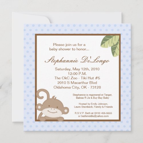 5x5 Boy Blue Monkey Baby Shower Invitation