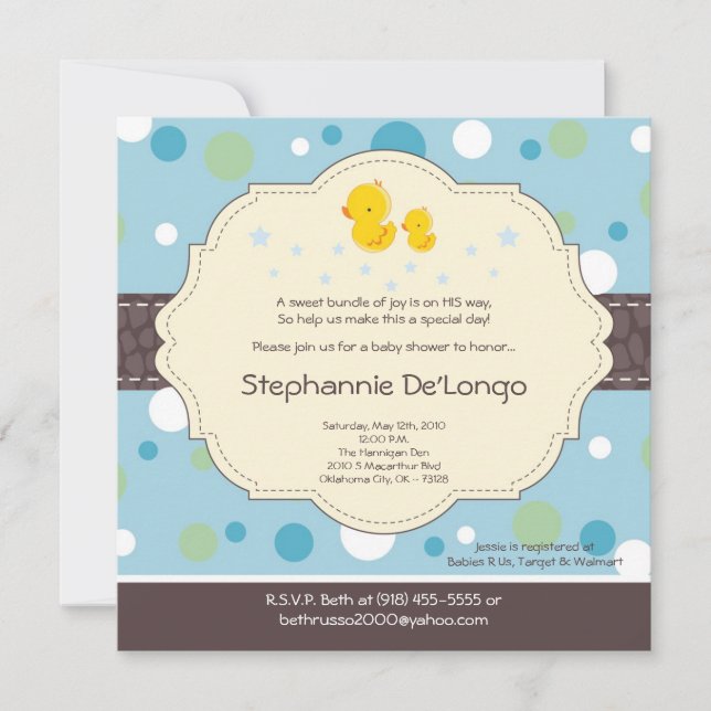 5x5 Boy Rubber Duck Duckie Baby Shower Invitation (Front)