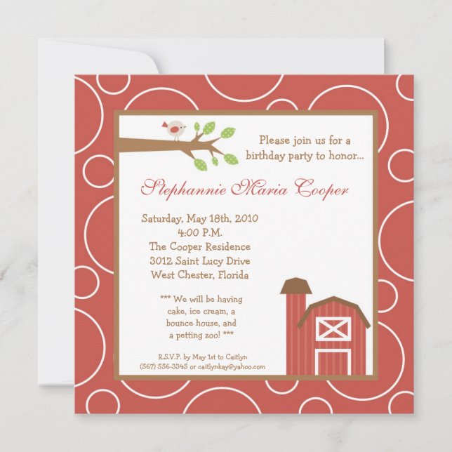 5x5 Farm Animal Red Barn Birthday Party Invitation (Front)