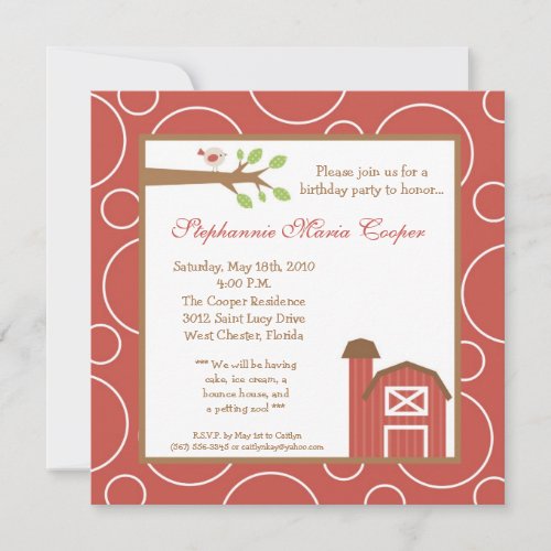 5x5 Farm Animal Red Barn Birthday Party Invitation